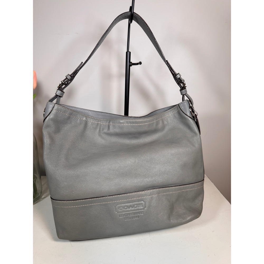 Coach Grey Leather Hobo Shoulder Bag Tattersall Lining Z17197